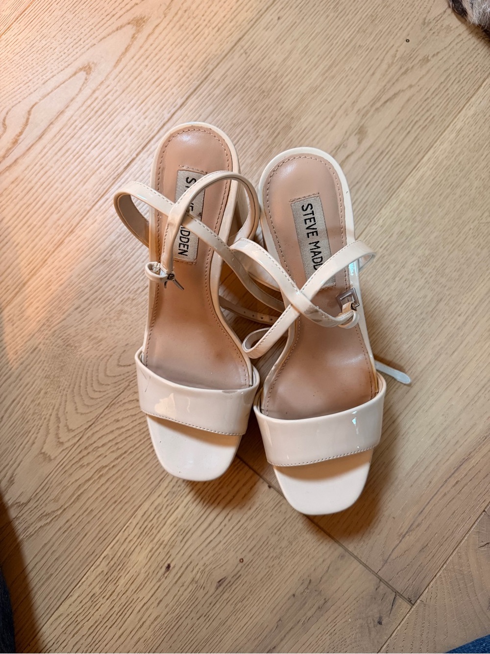 Steve Madden Nude Patent Block Heel Sandals with Ankle Strap